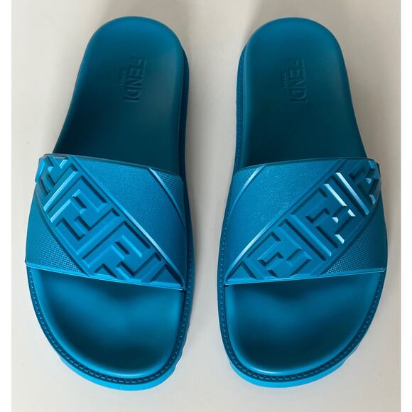 NIB $460 Fendi Men\'s FF Rubber Slide Sandals Cyber Blue 13 US/12 UK Italy 7X1377 main image 11